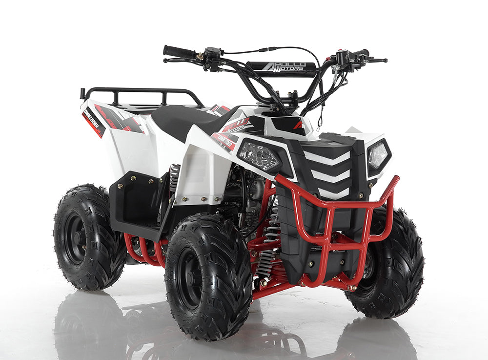 A red and white Mini Commander 110cc ATV with black tires and a black seat, displayed against a white background.